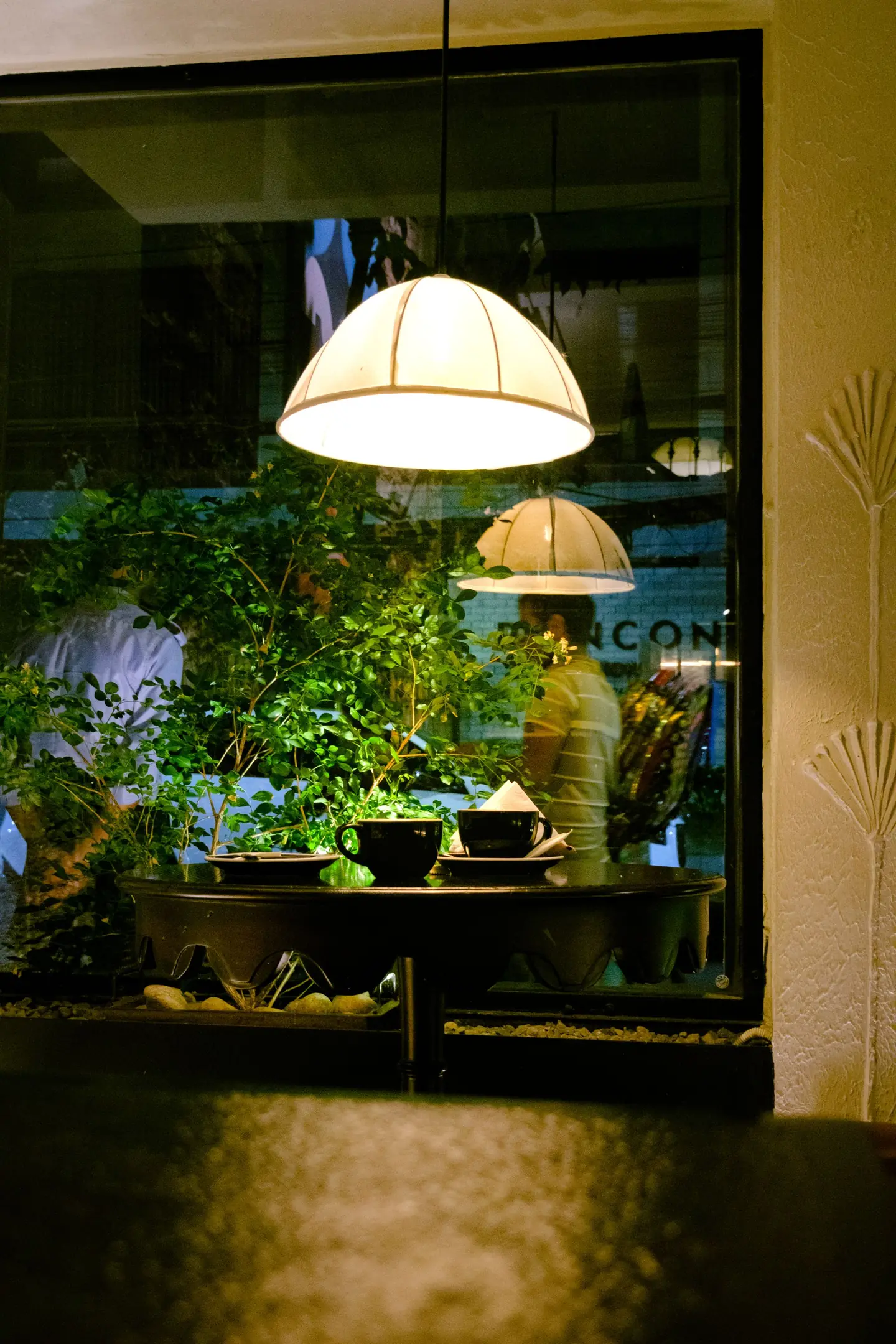 A café corner with a hanging lamp and plants